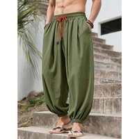 Men's Cotton Linen Wide Leg Pants Casual Loose Fit Solid Color Breathable Lightweight Elastic Waist Male Baggy Long Pants
