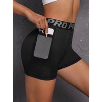Women Seamed With Side Pockets High Waist Letter Yoga Shorts Butt Lifting Leggings Gym Fitness Training Slim Shorts