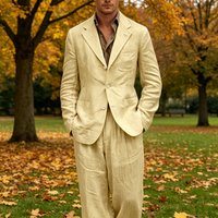 Men's Linen Suit 2 Pieces Set Casual Blazer & Wide Leg Pants Notch Lapel Breathable Wedding Business Party Jacket Tuxedo Summer