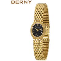 BERNY Women Quartz Watch Gold Stainless Steel Strap Luxury Elliptical Wristwatch Waterproof Simple Retro Dress Watch for Women