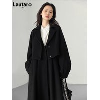 Lautaro Autumn Winter Long Flowy Luxury Vintage Black Warm Thick Woolen Coat Women Luxury Designer Fake 2 Pieces Clothes 2023