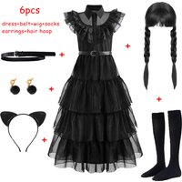Robe de Princesse en Maille et Perruque pour Fille, Costume de mercredi Noir, Tenue de Carnaval, ixd'Anniversaire, Halloween Cosplay, Vêtements Addams