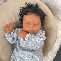 BZDOLL Cloth Body 19 Inch Lifelike Black Skin Reborn Baby, Curly Hair Asleep Newborn Doll, 48CM Vinyl Limbs Handmade Gift