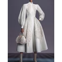 Flora Embroidery Elegant Evening Dress Puff Sleeve Stand Collar Pleated A-Line Casual Ethnic Vintage Long Dresses for Women 2025