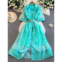 Elegant Printed Suit Collar Dress Women's Autumn Winter Luxury Metal Buckle Waist Cinched Knee-Length Long Dress