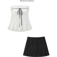 Parkyeon Summer Beautiful Outfit Sweet Style Lace Trim Halter Top Polka Dot Short Skirt Set Women's Fashion Casual Wear