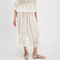 Casual Summer Bloomers Pant Loose Vintage Drawstring White Wide Leg Trousers Lace Patchwork Calf-Length Trousers Women's Pants
