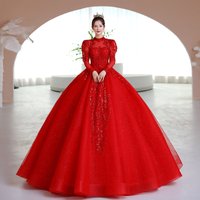 Customized Red Ball Gown Women Wedding Dresses Appliques Long Sleeves Bridal Gowns Formal Vestido De Noiva robe de mariée