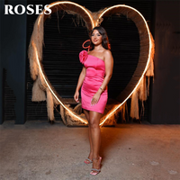 ROSES Hot Pink Satin Prom Dress Strapless Celebrity Dress Mermaid Mini Women's Evening Dresses Sleeveless Formal Gown Customized