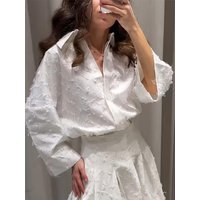 White Summer Fringes Long Blouse Single Breasted Ruffle Skirt Set And Cropped Shirt Embroidery Jacquard Short Skirt Outfit