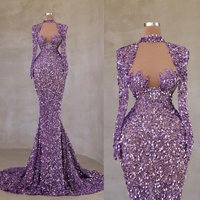 Gorgeous Purple Sequined Mermaid Evening Dresses Beads Long Sleeve Slim Ruched Women Party Pageant Prom Gowns