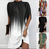 Women's Summer Skirt Fashion Casual Loose Solid Print Bat Sleeve Round Neck Knee Length Dress
