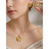 Fashion Stainless Steel Jewelry Set for Women Woven Basketweave Square Pendant Necklace Interlocking Knot Stud Earrings