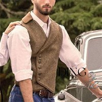 Men's 5 Button Herringbone Tweed Waistcoat Tailored Collar Suit Vest