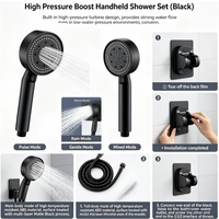 3pc Pressurized Handheld Shower Head with Thermostatic Control, 5 Modes Adjustable Water Output Polished Hanging Bracket