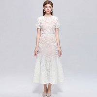 Women Dress French Style Elegant Lace 3D Floral Applique Round Neck Midi Dress Sweet Short Sleeve Cocktail Party Dress with Belt
