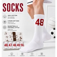 5 Pairs Unisex Number Print Cotton Crew Socks 46-50 Basketball Football Style Breathable Soft Cushioned Sports Socks Gift Box
