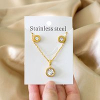 Classical Women's Jewelry Round Zirconia Necklace Earring Set Pendants Stainless Steel Rust Proof Anniversary Daily Wear Gifts