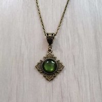 Medieval Victorian Vintage Bronze Color Cross Floral Filigree Green Cat Eye Stone Pendant Necklace for Women Goth Choker Jewelry