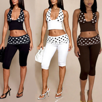 Polka Dot 2 Piece Set Women Sexy Ruched Front Halter Neck Tank Top and Capri Pants Matching Outfits Streetwear Party Suits