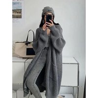 Ladies Mid-Length Knitted Sweater Coat Long Sleeve Pure Color Loose Fit V-Neck Open Cardigan Autumn Winter New Style Simple S...
