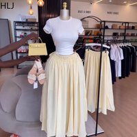 HLJ Boho Women Solid Color Long Skirt Elastic High Waist Drawstring Loose Flowy Skirt Casual Summer Beach Vacation Streetwear
