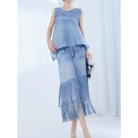 Miyake Folded Denim Style Sheath Dress 2025 Summer New Sleeveless Top + Fringe Half Skirt Set
