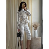 HH Women Fashion Single Breasted Pocket Belt Decoration Polka Dots Shirt Style Jacket+High Waist Zipper Capri Pants 2 Piece Set