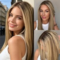 16 Inches Short Straight Bob High Quality Ombre Blonde with Brown Streaks Synthetic Lace Front Wig HIgh Quality Wig for Women