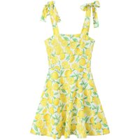 Women's Yellow Lemon Print Summer Sleeveless Mini Dress, Tie Shoulder Strap Waist A-Line Dress, Perfect for Beach Vacation