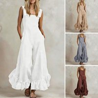 Women Trendy Fashion Summer Sleeveless Jumpsuit Ruffle Wide Leg Rompers Casual Outfits With Pockets Lightweight Breathable