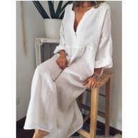 Loose Cotton Linen Women's Long dress Spring New Korean Version Loose Casual Solid Color Long Sleeved Button Up Dress