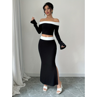 Plus Size Women's 2-Piece Set Black & White Off-Shoulder Long Sleeve Crop Top+Slit Mermaid Skirt Party Club Outfit (0XL-4XL)