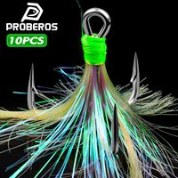 PROBEROS 10pcs/Box Feather Treble Hooks Barbed Sharp High Carbon Steel Hook Antirust Lure Kit Fishing Pesca Tackle Fish Hook
