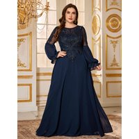 UNITHORSE Plus Women's O-Neck Lantern Sleeve Luxury Bead Sequin Stitching Chiffon Formal Evening Dress