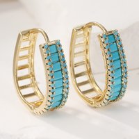 Vintage Gold Color Imitation Turquoise Hoops Earrings Woman Square Hollow Party Daily Wear
