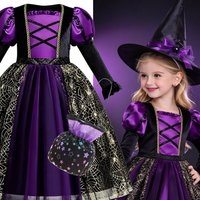 Costume de sorcière pour filles, robe violette avec chapeau, manches longues, tulle, Halloween, cosplay, fête pour enfants