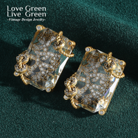 Vintage Transparent Square Crystal Wealth Earrings Studs Antique Gold Color High Quality Carnival Party Luxury Quality Jewelry