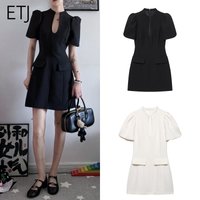 ETJ Women's 2026 Spring Puff Sleeve Mini Dress White Black Fitted A-Line Keyhole Neckline Office Date Elegant Minimalist Style