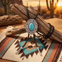 Fashion Vintage Artistic Bolo Tie Antique Silver Round Disc Retro Tie Personality Turquoise Inlaid Vintage Turquoise Pendant