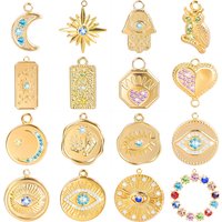 5pcs Rhinestone Pendant Metal Real Gold Plated PVD Stainless Steel Charm Hasama Star Moon Evil Eye Pendants For Jewelry Making