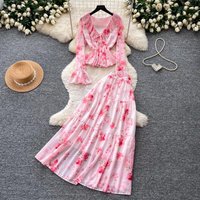 Women Two Piece Sets Skirt Set Lantern Sleeve Print Floral Tops Long Skirts A Line High Waist Y2k Streetwear Elegant Slim Fit