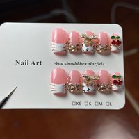 10pcs high-end Hand-painted zebra stripes, three-dimensional bows, cherries, and sparkling pile diamonds handmade French Tip