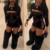 FAGADOER High Quality Sexy Hollow-out Patchwork Rompers Woman Lace See Through Long Sleeve Jumpsuits Female Streetwear Overalls