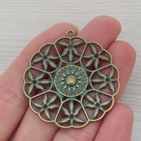 5 x Green Verdigris Patina Large Metal Hollow Flower Round Charms Pendants for DIY Necklace Jewelry Making Findings 47x44mm
