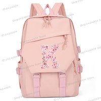 Pink Backpack Shouder for Girls A-Z 26 Alphabet Sakura Cartoon Schoolbag Funny Cute Gift 26 Initials Flower Youth School Bookbag