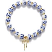 Chinese Style Blue and White Porcelain Bracelet Elastic Versatile Beaded Bow Bracelet Vintage Pretty Women's Bracelet for Women