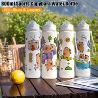 800ml Sports Water Bottle With Straw Leak-Proof Cute Capybara Water Bottles Portable Large Water Cup With Handheld Lanyard Strap