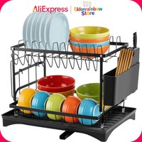 2-Tier Kitchen Dish Drying Rack with Drainboard Large Capacity Countertop Dish Rack for Home