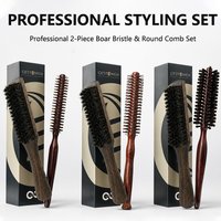 2PCS Set Professional Wooden Hair Brush Boar Bristle Beard Brush Round Curly Hair Volumizing Brush Anti‑Static Hair Styling Tool